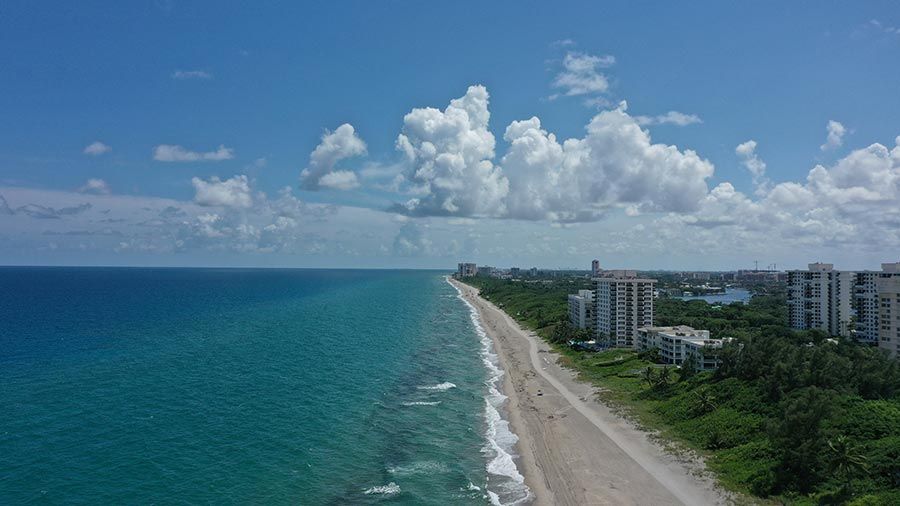 Aerial view of a wide shoreline beside tall buildings and green areas